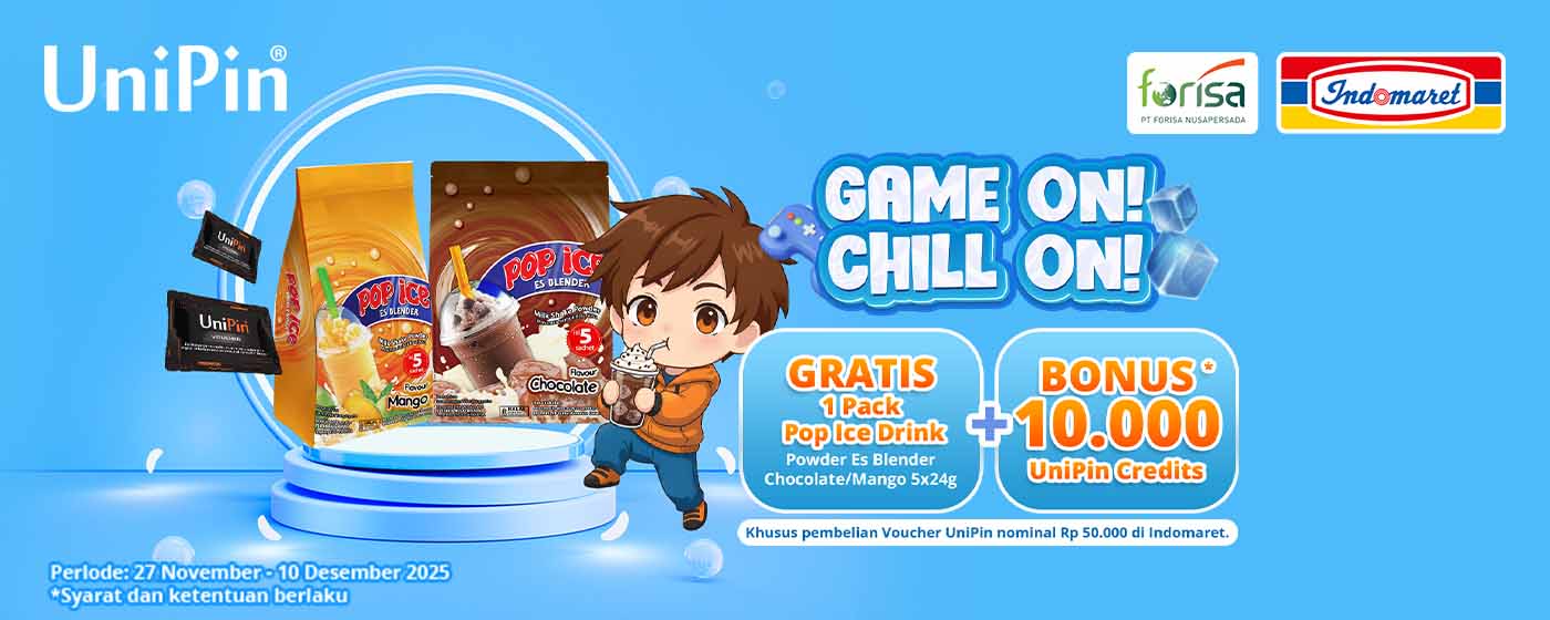 GAME ON, CHILL ON! Tebus GRATISSS Pop Ice Coklat/Mangga dan dapatkan 10.000 UniPin Credits, belanja Voucher UniPin di Indomaret!